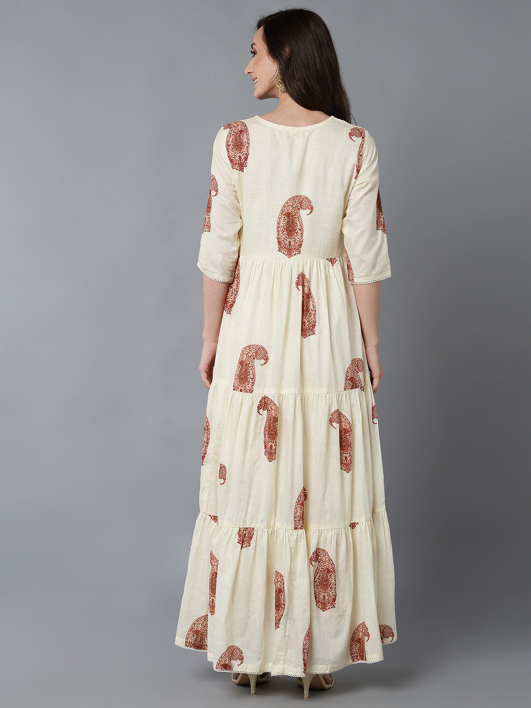 Women's Cream Cotton Ethnic Motifs Printed Dress  - Ahika