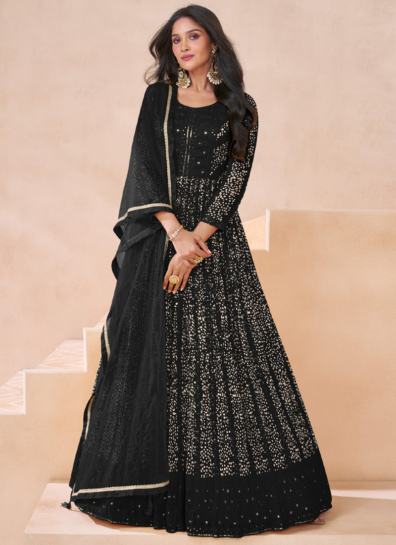 Women's Black Georgette Embroidered Anarkali Set - Vegaa Fashions