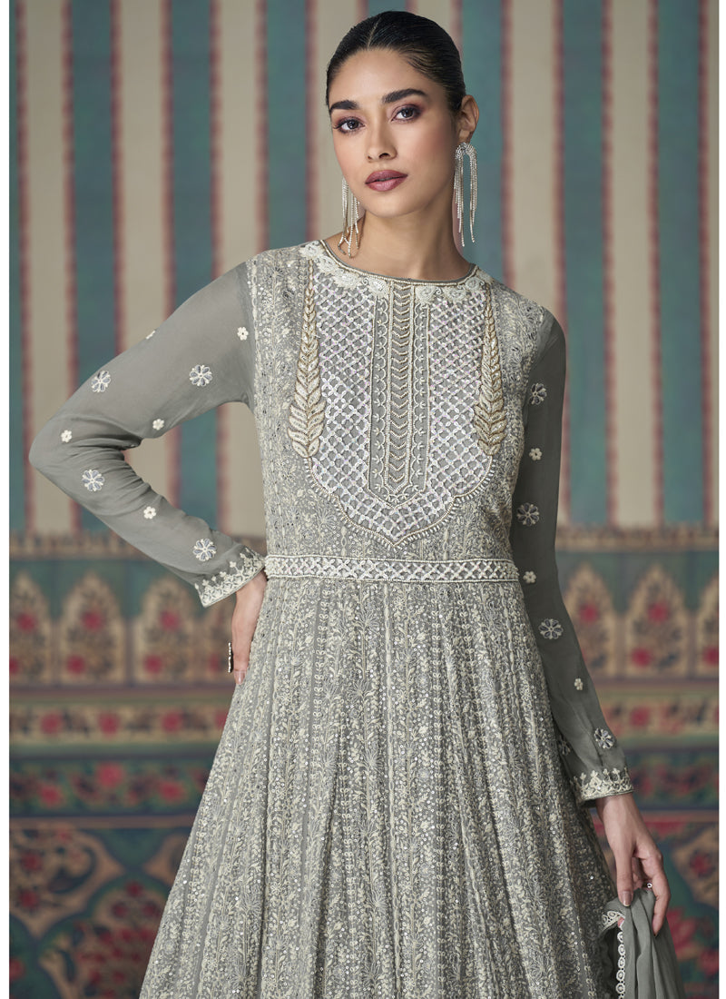 Women's Grey Georgette Embroidered Anarkali Set - Vegaa Fashions