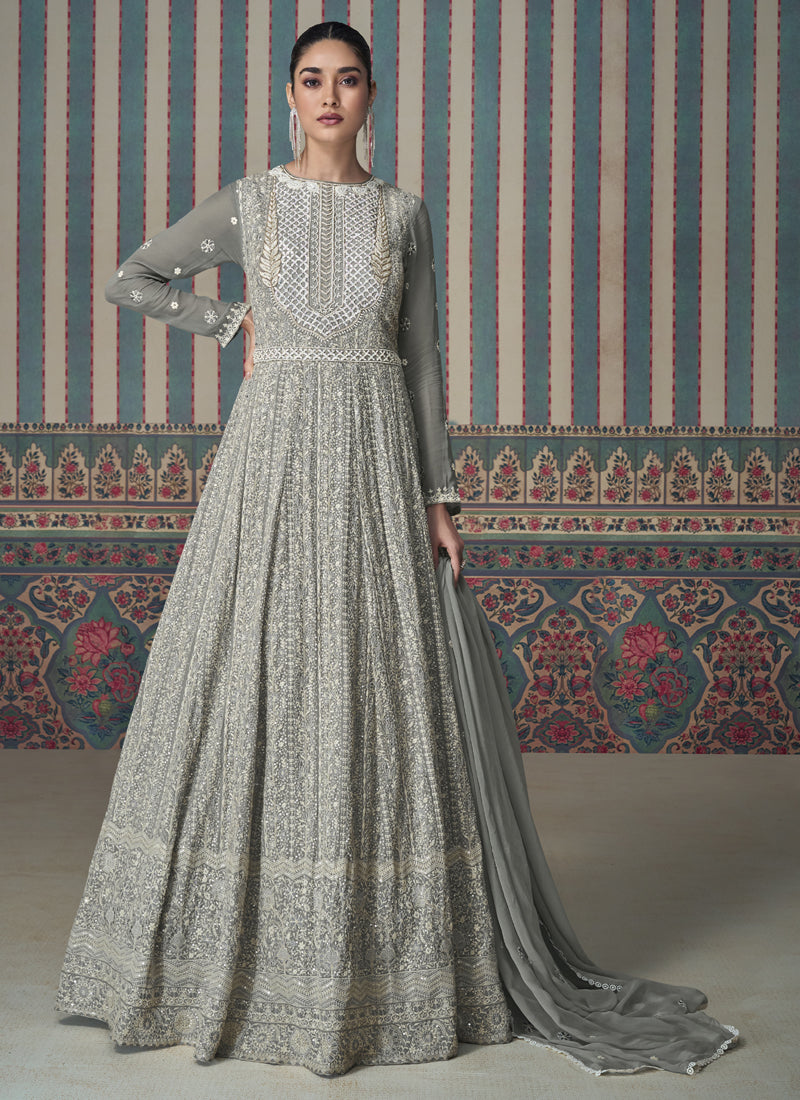 Women's Grey Georgette Embroidered Anarkali Set - Vegaa Fashions