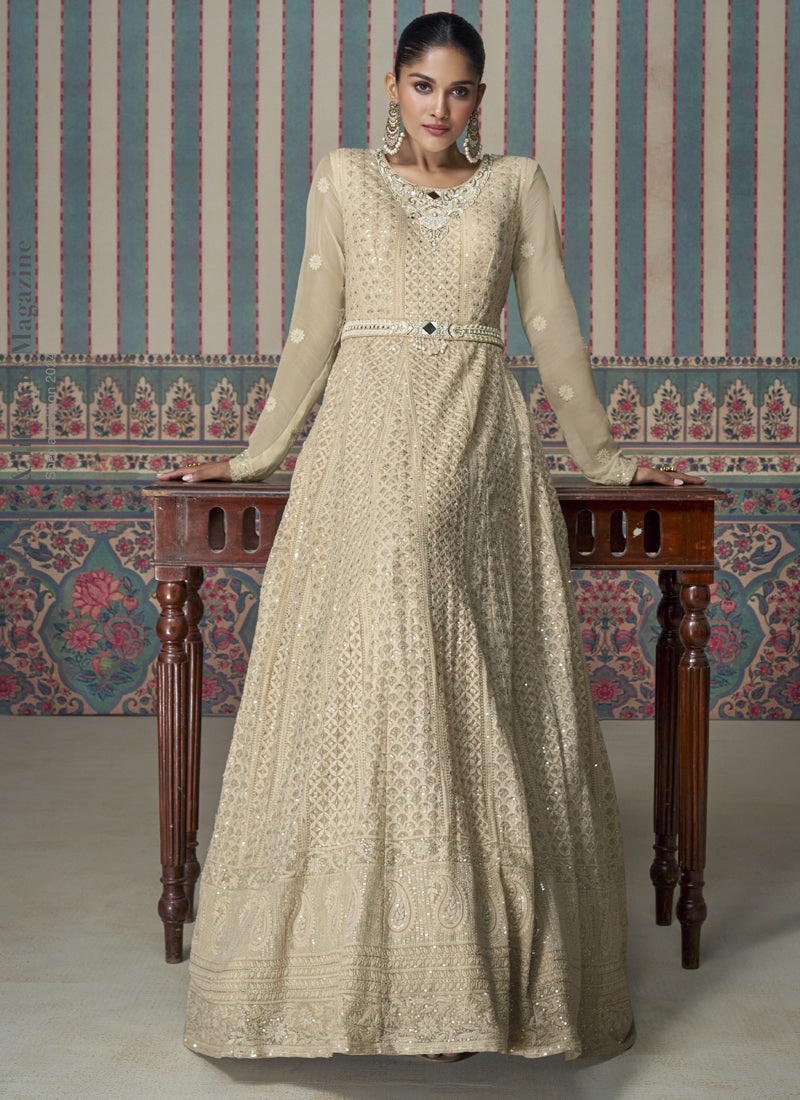 Women's Cream Georgette Embroidered Anarkali Set - Vegaa Fashions