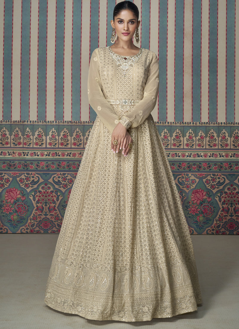 Women's Cream Georgette Embroidered Anarkali Set - Vegaa Fashions