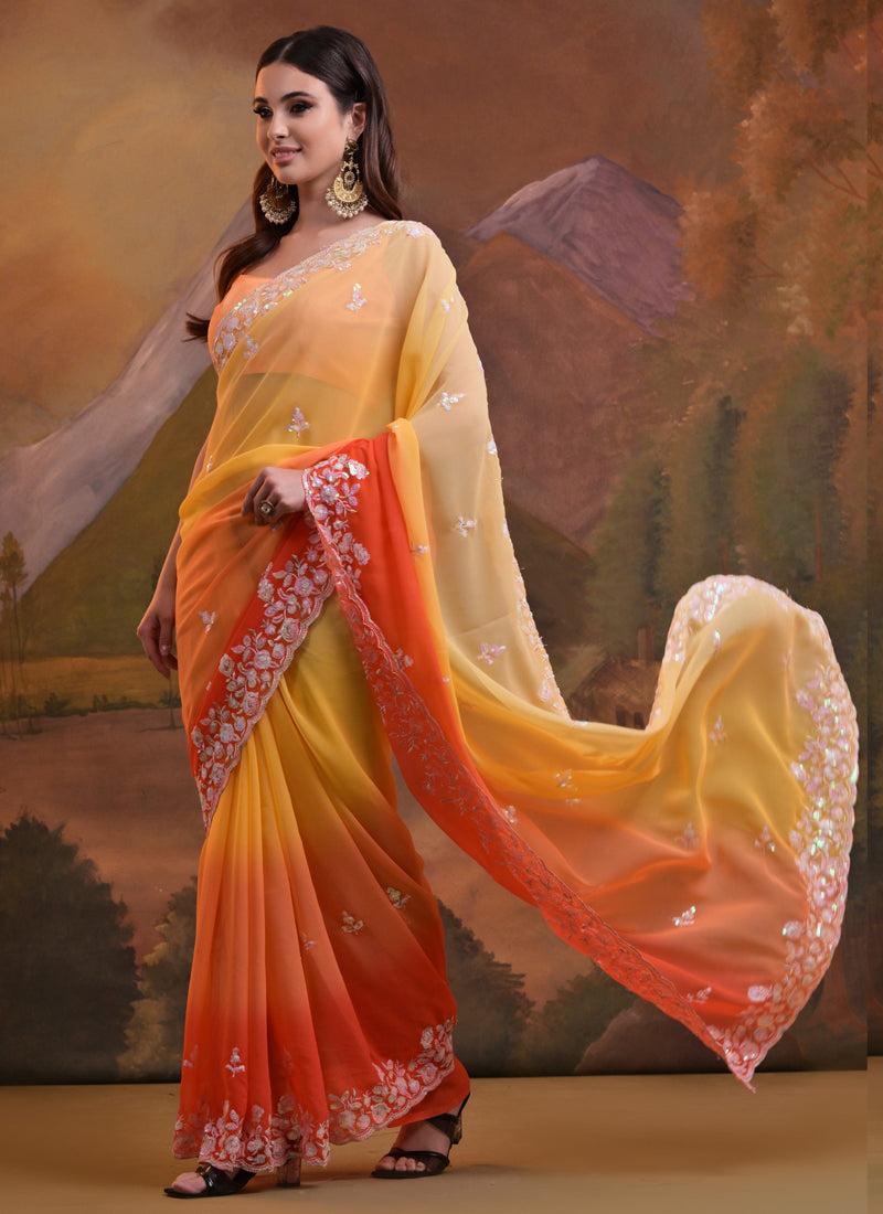 Women's Yellow Soft Georgette Sequence Work Saree - Vegaa Fashions