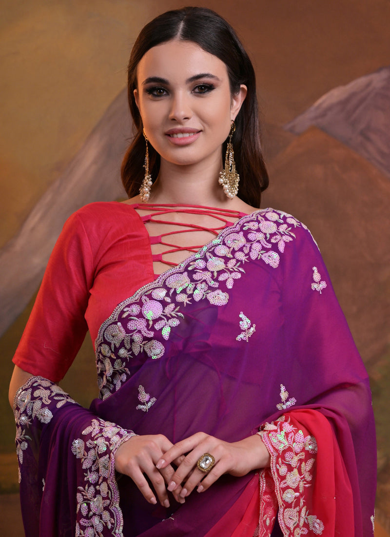 Women's Purple Soft Georgette Sequence Work Saree - Vegaa Fashions