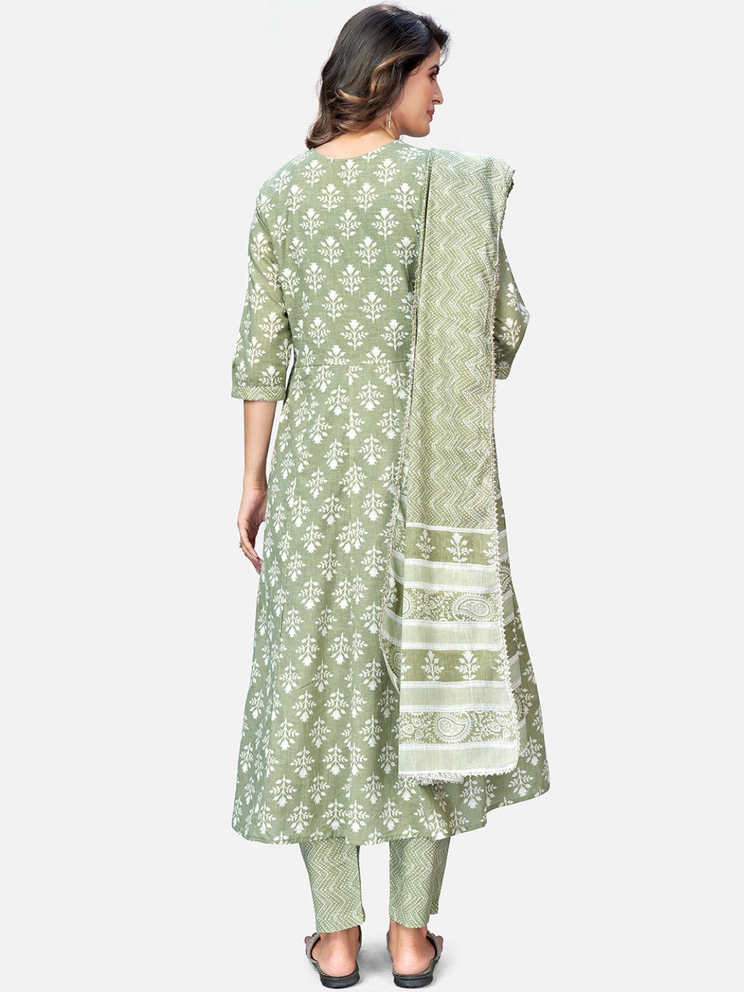 Women's Pista Green Anarkali Cotton Kurta With Pant & Dupatta By Vbuyz (3