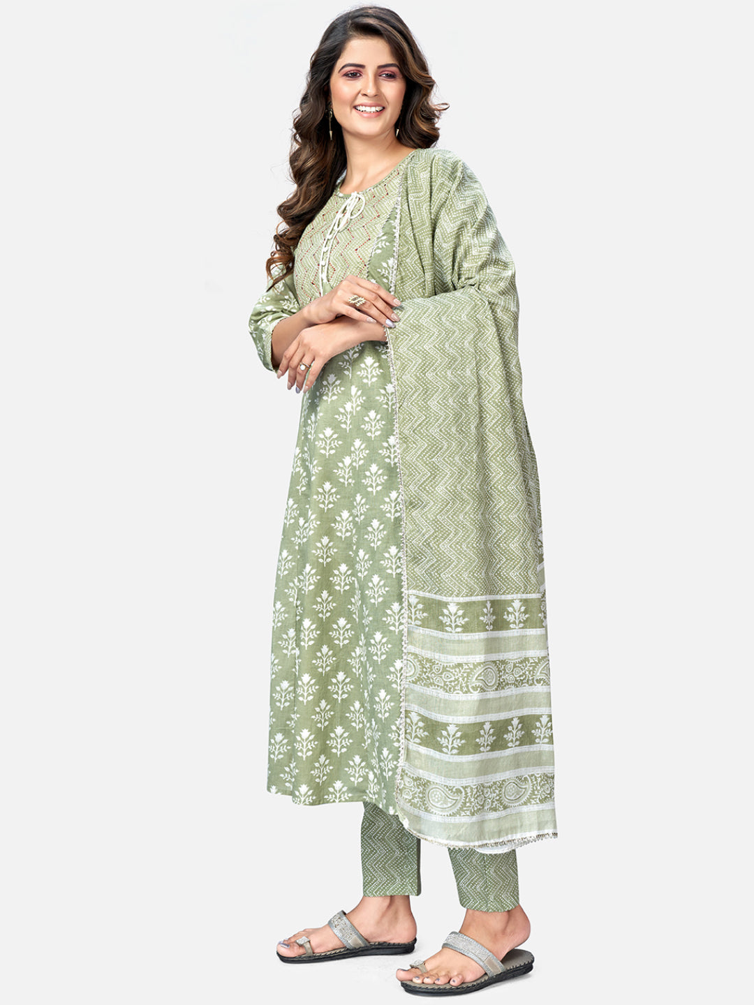 Women's Pista Green Anarkali Cotton Kurta With Pant & Dupatta By Vbuyz (3