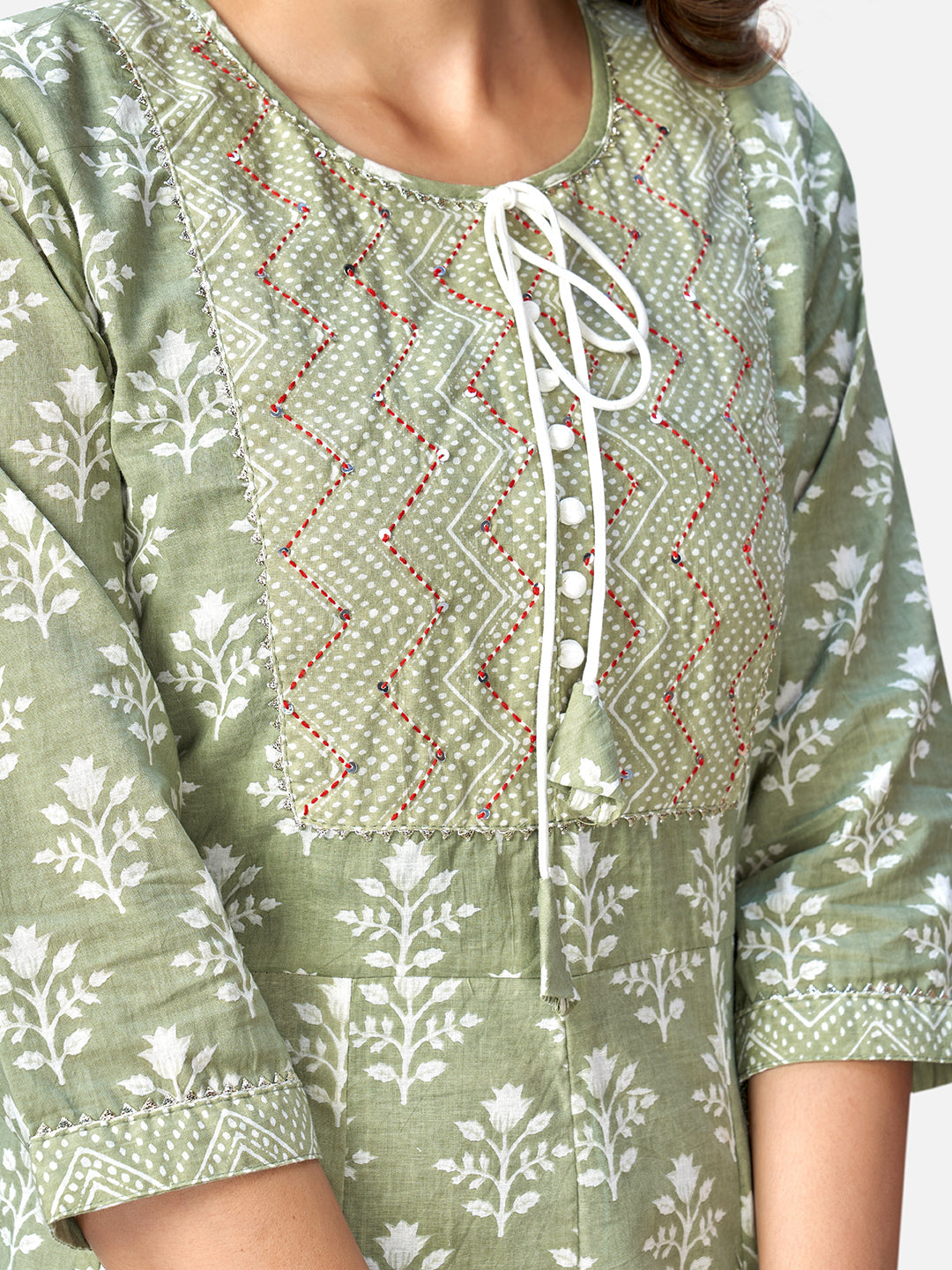 Women's Pista Green Anarkali Cotton Kurta With Pant & Dupatta By Vbuyz (3