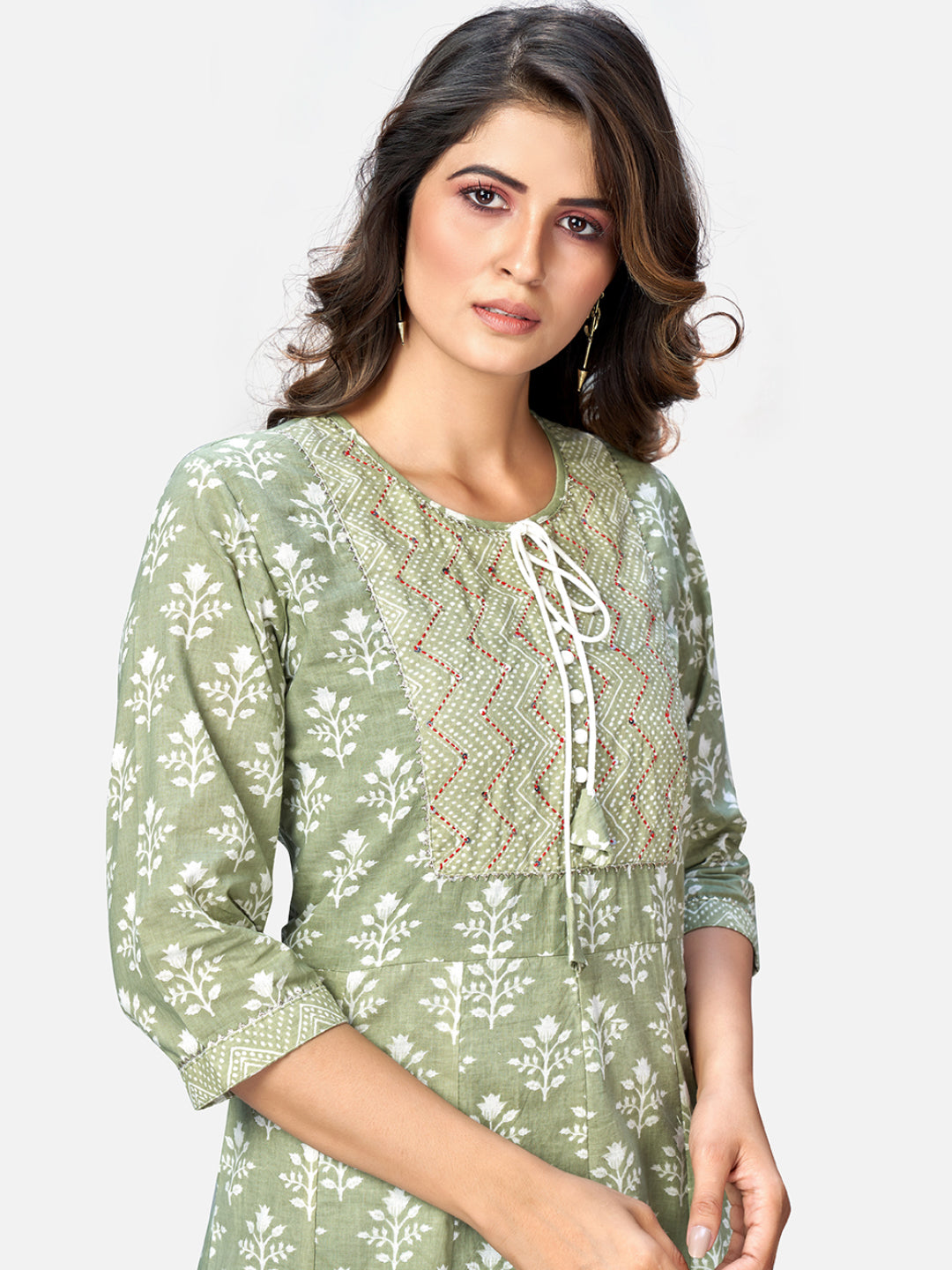 Women's Pista Green Anarkali Cotton Kurta With Pant & Dupatta By Vbuyz (3