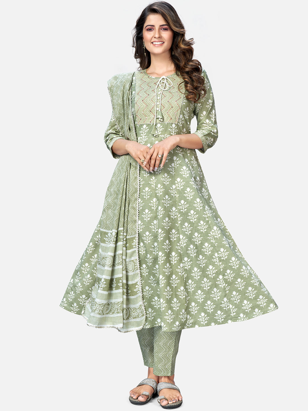 Women's Pista Green Anarkali Cotton Kurta With Pant & Dupatta By Vbuyz (3