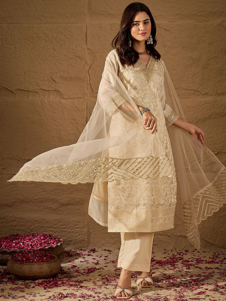 Women's Off White Jacquard Embroidered In Neck  Kurta Set