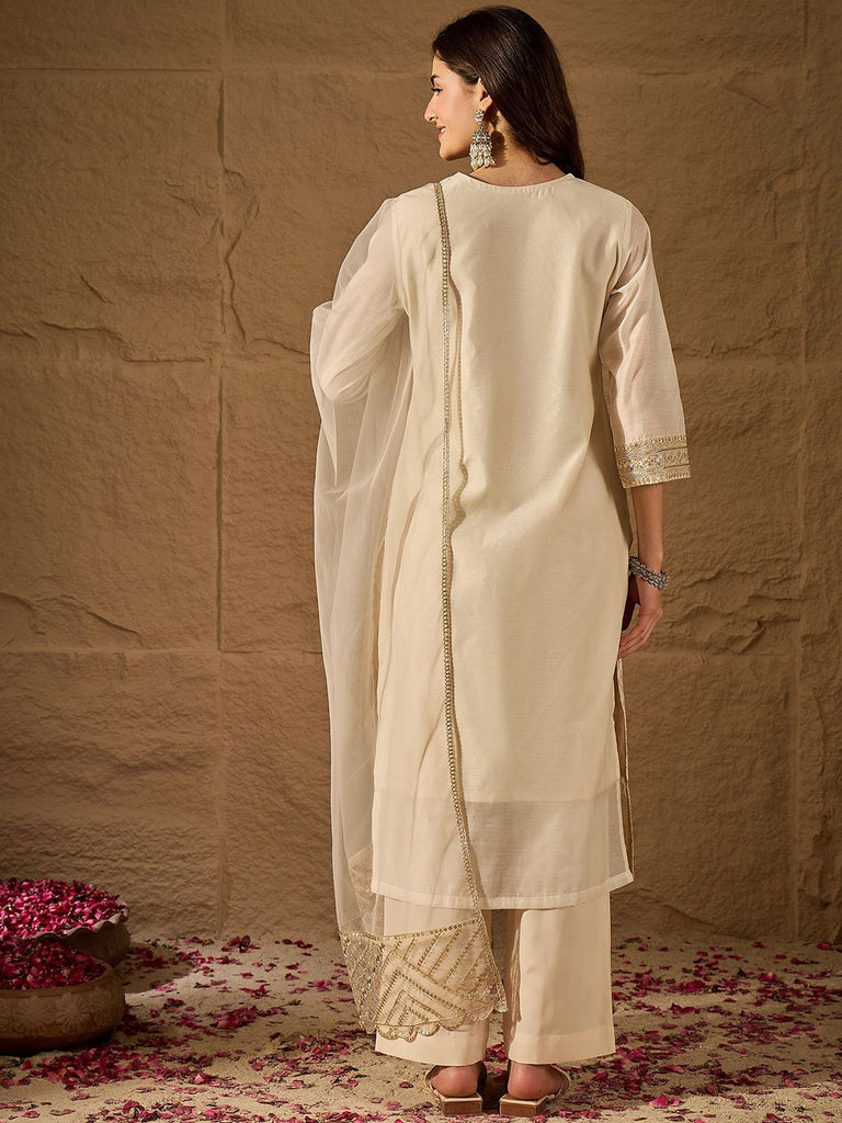 Women's Off White Jacquard Embroidered In Neck  Kurta Set