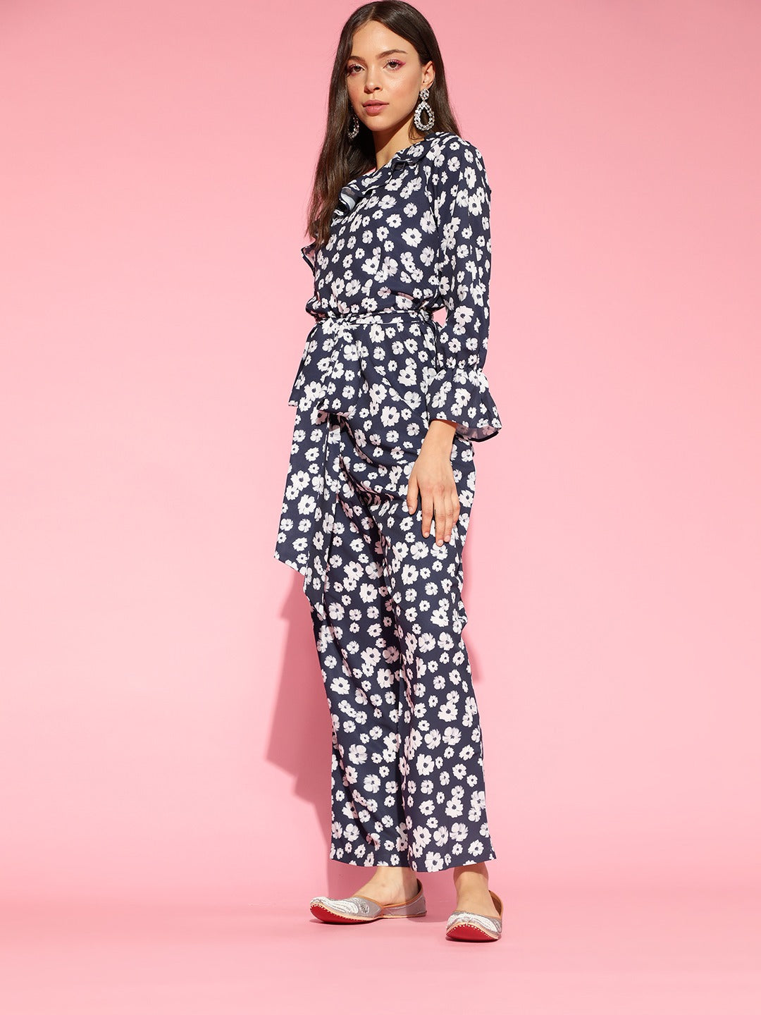 Women's Navy Blue Polyester Printed Jumpsuit - Ahika