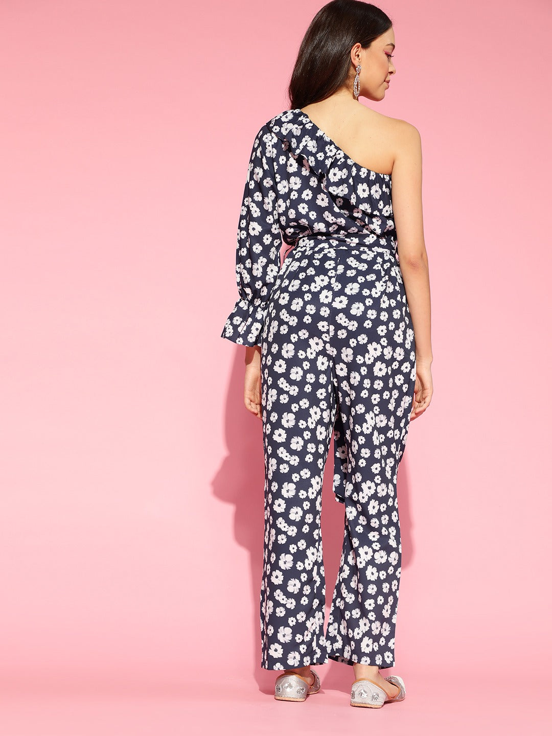 Women's Navy Blue Polyester Printed Jumpsuit - Ahika