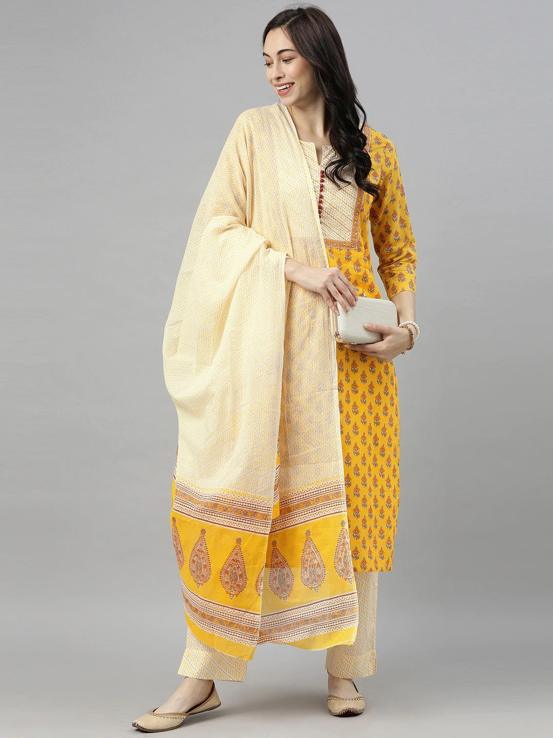 Women's Cotton Blend Printed Kurta Pant Dupatta Set -Ahika USA