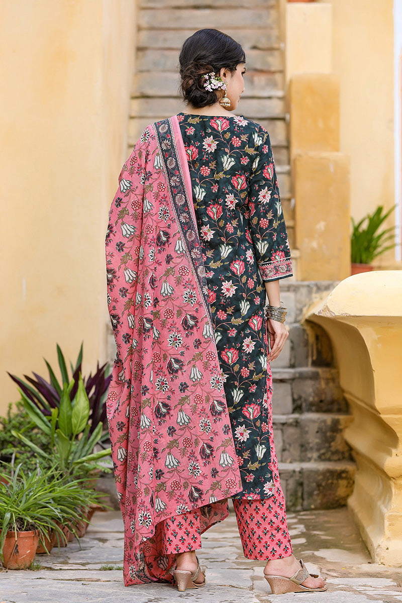 Women's Cotton Blend Printed Kurta Pant Dupatta Set
