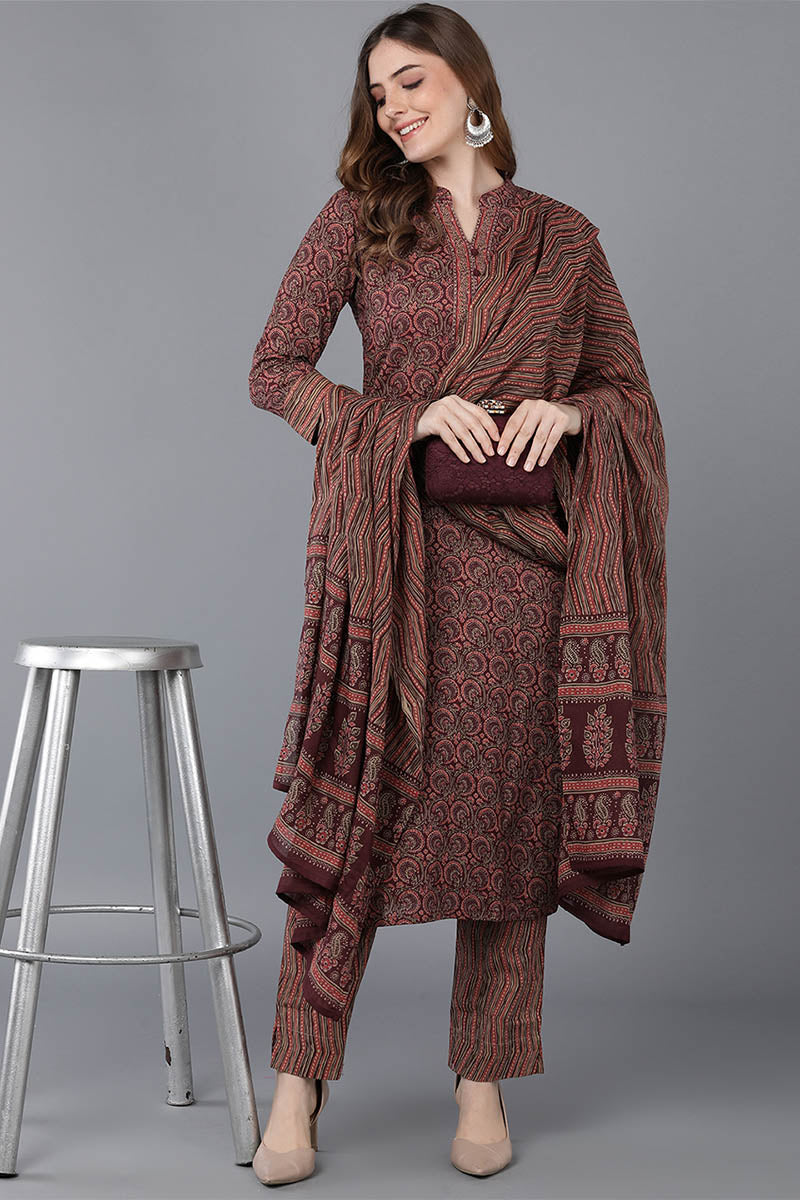 Women's Cotton Blend Printed Kurta Pants With Dupatta