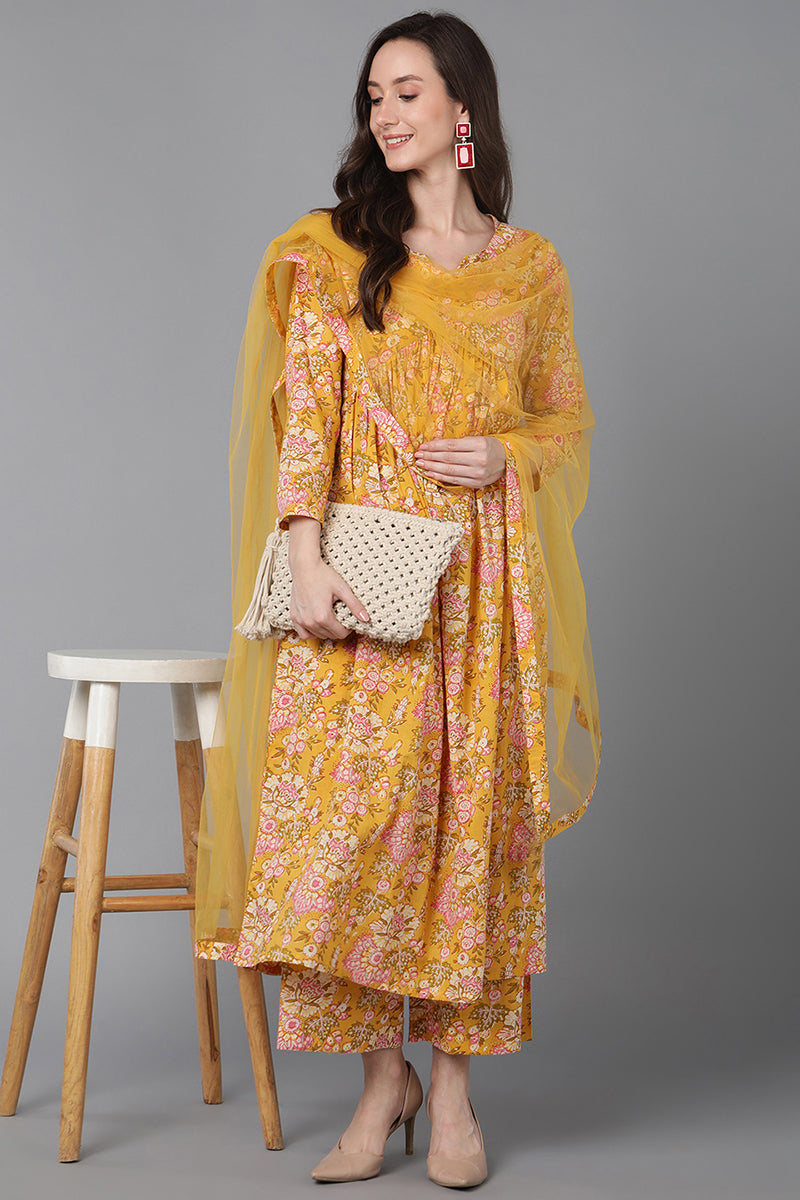 Women's Cotton Blend Floral Printed Kurta Palazzos With Dupatta
