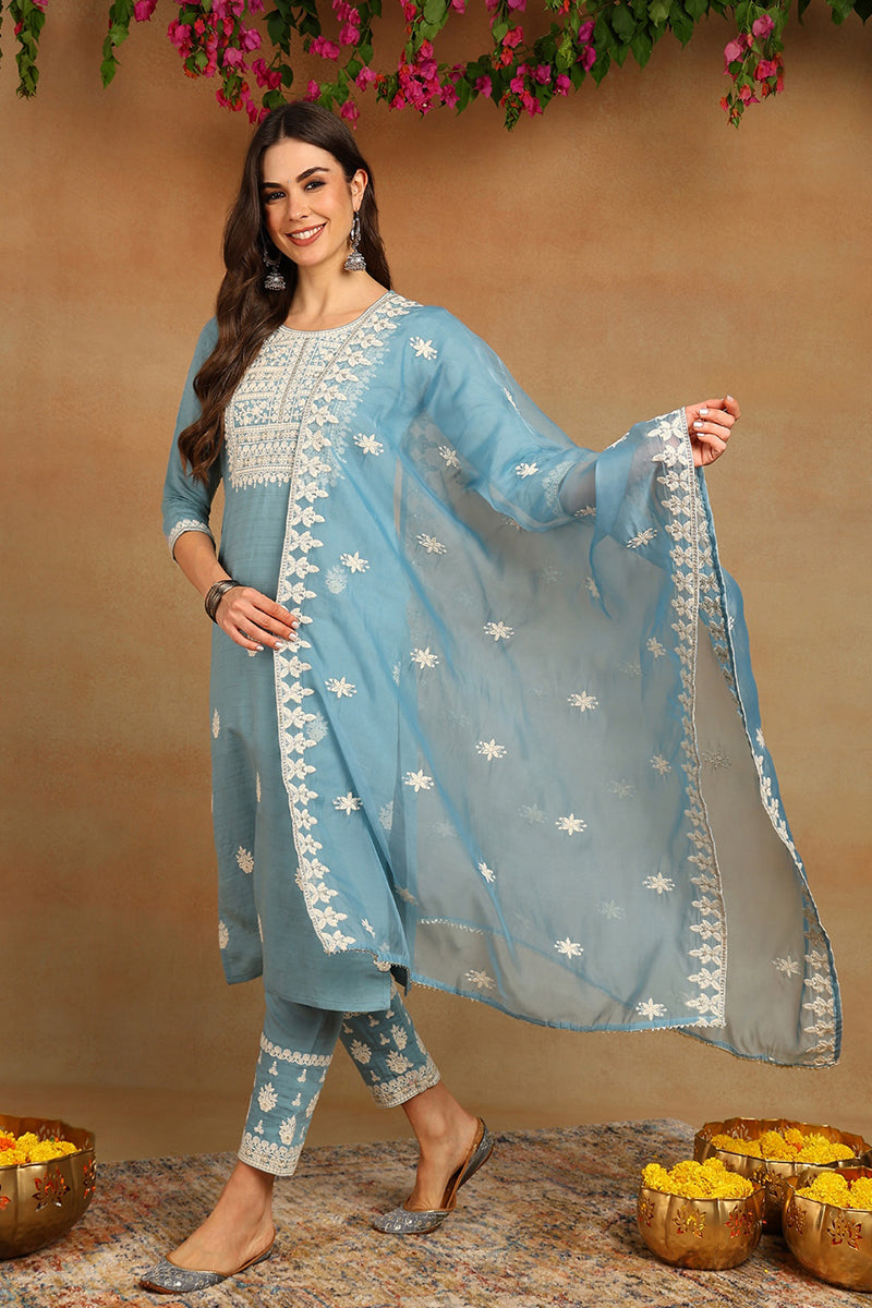 Women's Blue Silk Blend Embroidered Straight Kurta Pant Set With Dupatta - Ahika