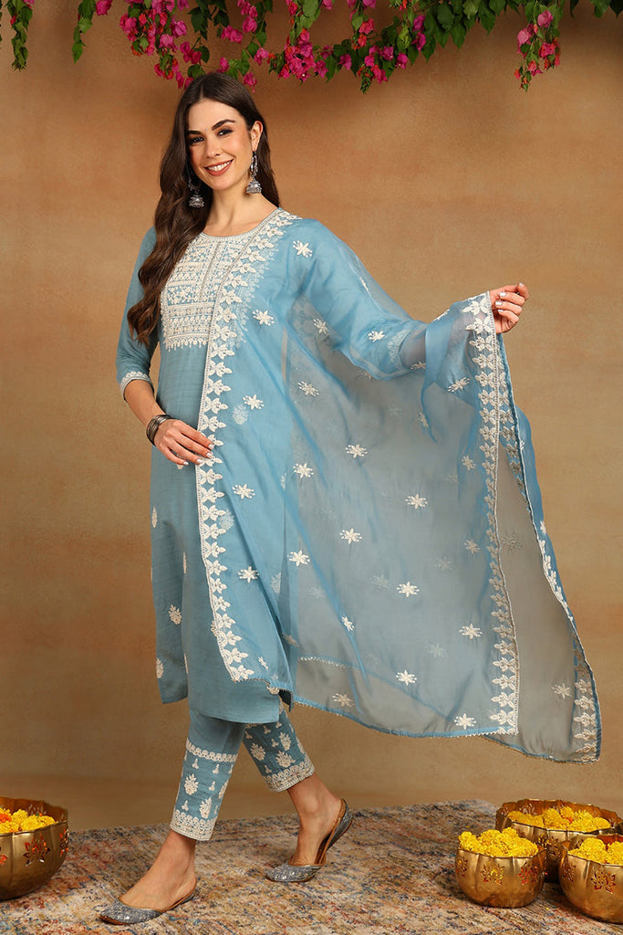 Women's Blue Silk Blend Embroidered Straight Kurta Pant Set With Dupatta