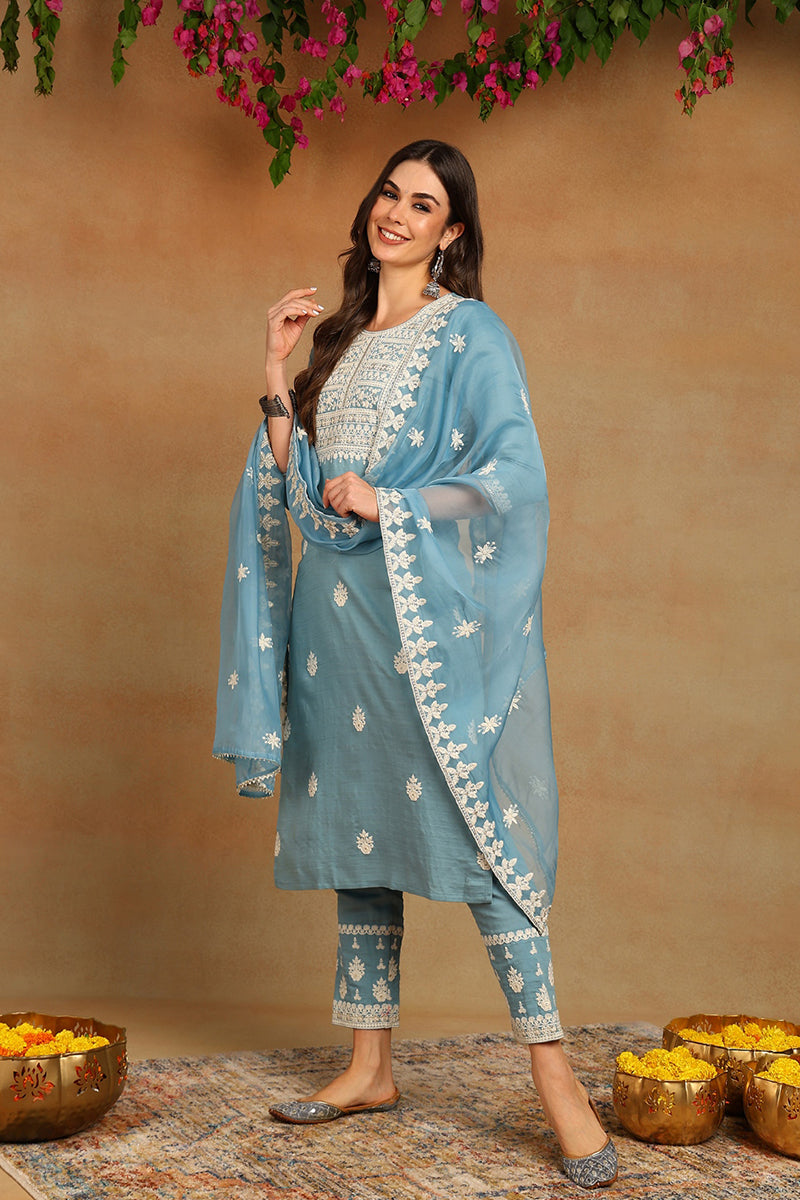 Women's Blue Silk Blend Embroidered Straight Kurta Pant Set With Dupatta - Ahika