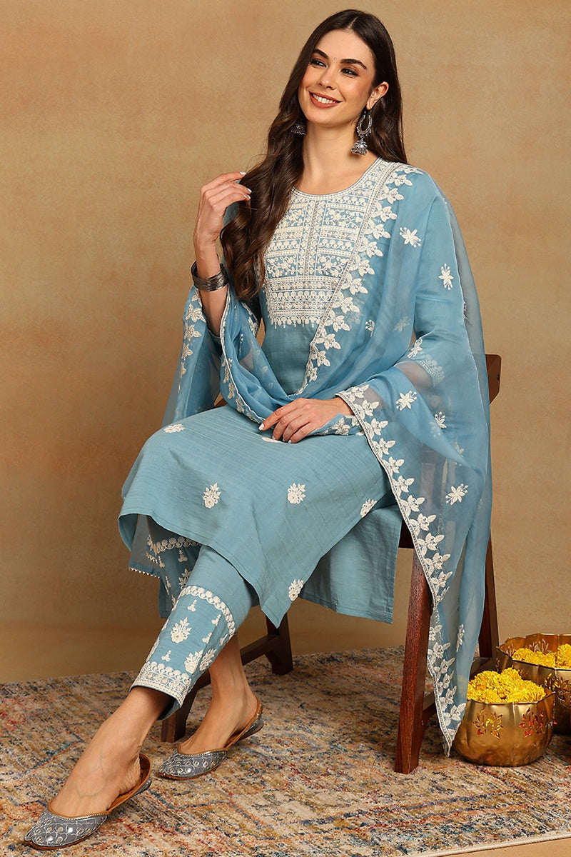 Women's Blue Silk Blend Embroidered Straight Kurta Pant Set With Dupatta - Ahika