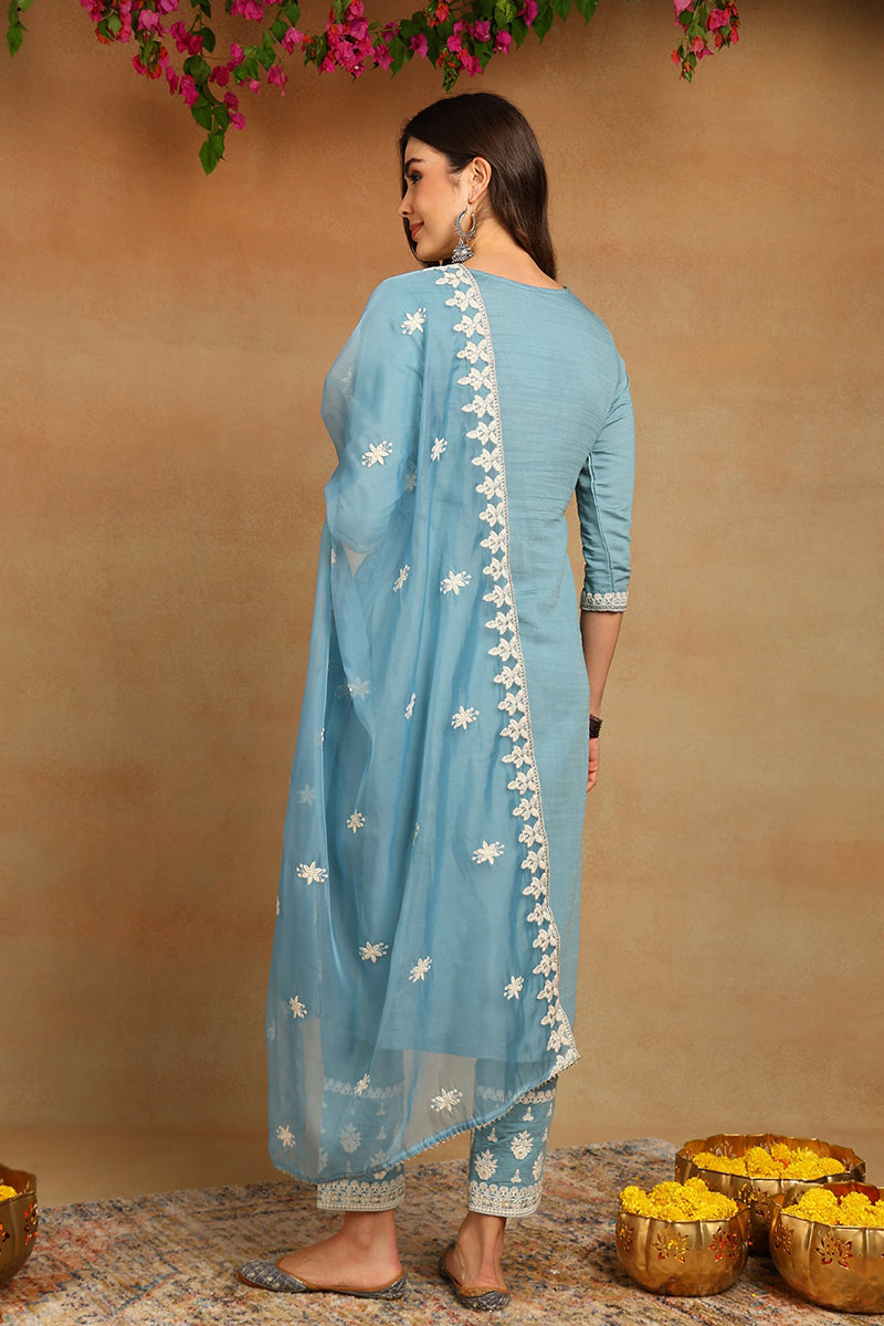 Women's Blue Silk Blend Embroidered Straight Kurta Pant Set With Dupatta - Ahika