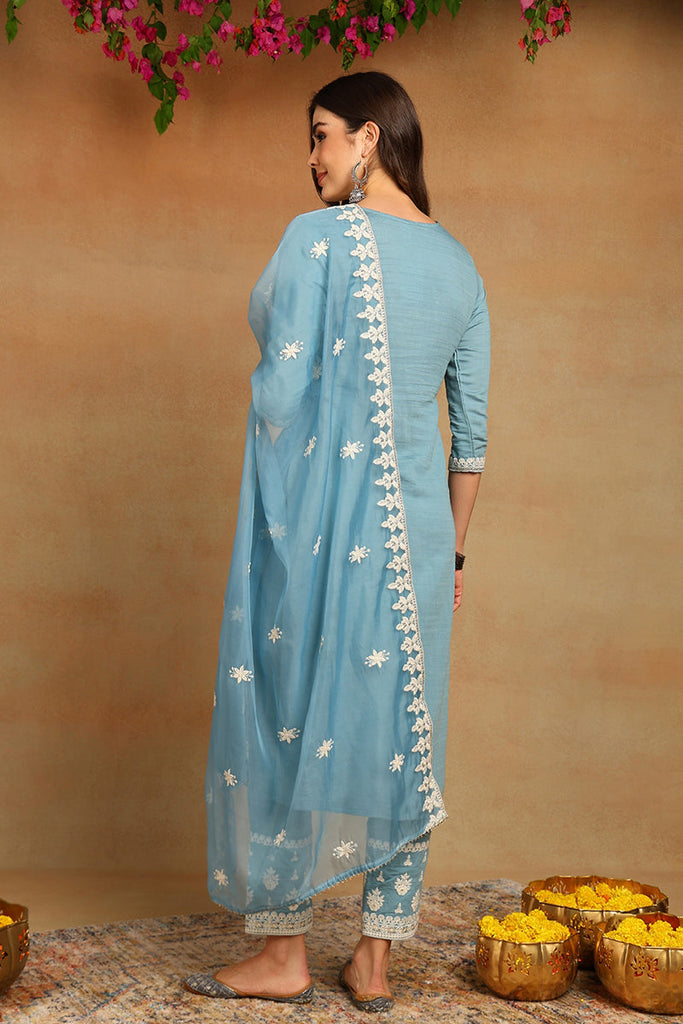 Women's Blue Silk Blend Embroidered Straight Kurta Pant Set With Dupatta