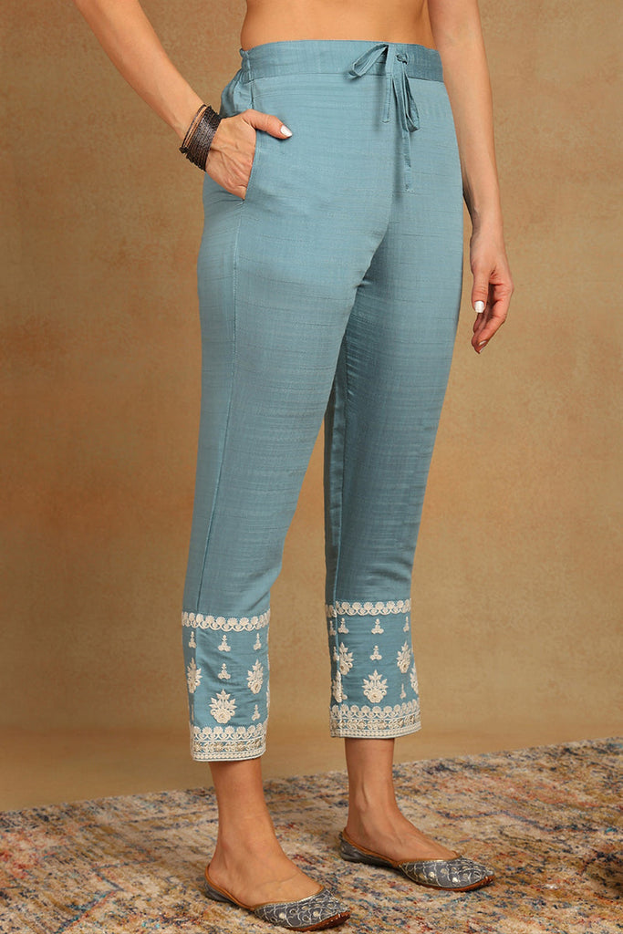 Women's Blue Silk Blend Embroidered Straight Kurta Pant Set With Dupatta