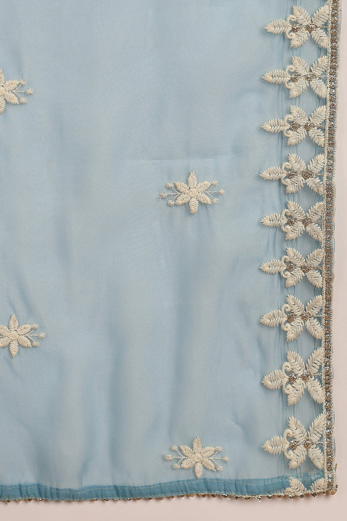 Women's Blue Silk Blend Embroidered Straight Kurta Pant Set With Dupatta