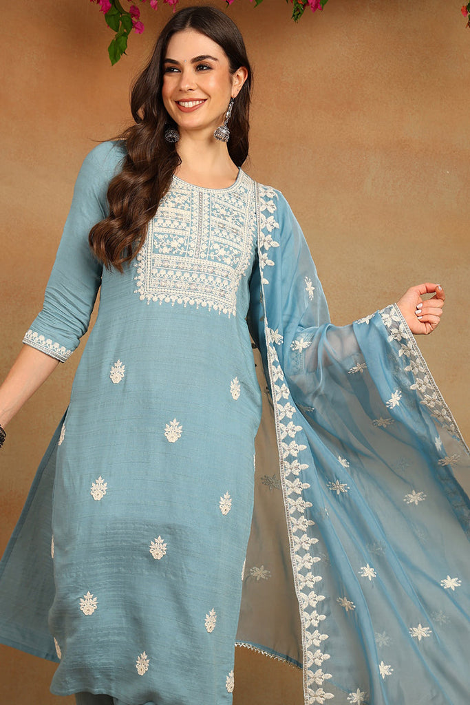Women's Blue Silk Blend Embroidered Straight Kurta Pant Set With Dupatta
