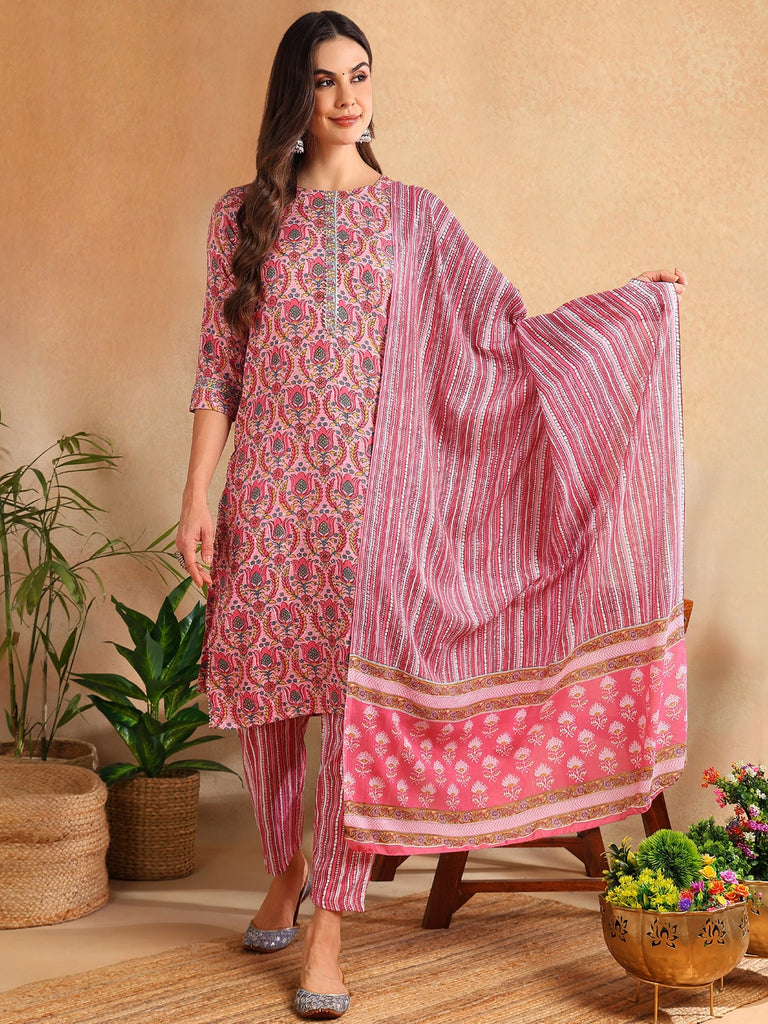 Women's Pink Cotton Blend Printed Straight Kurta Pant Set With Dupatta