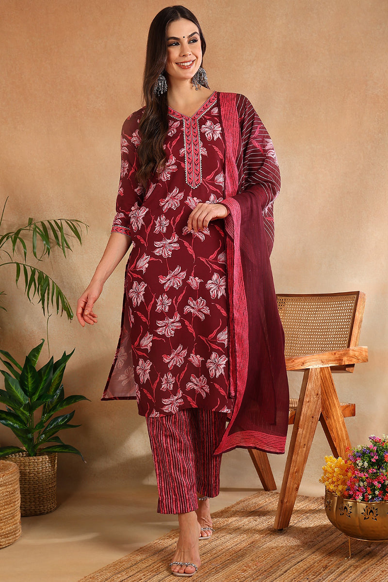 Women's Maroon Rayon Blend Floral Printed Straight Kurta Trouser With Dupatta - Ahika