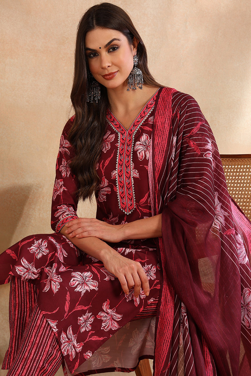 Women's Maroon Rayon Blend Floral Printed Straight Kurta Trouser With Dupatta - Ahika