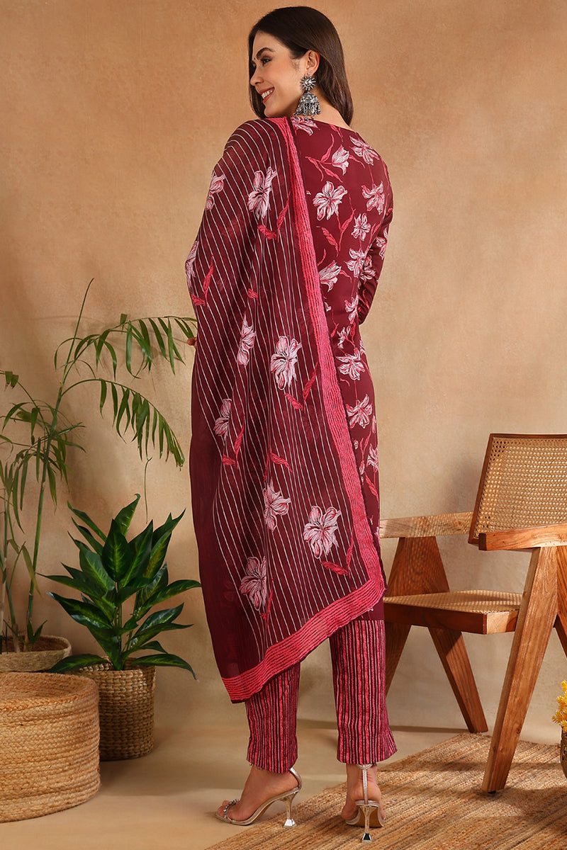 Women's Maroon Rayon Blend Floral Printed Straight Kurta Trouser With Dupatta - Ahika