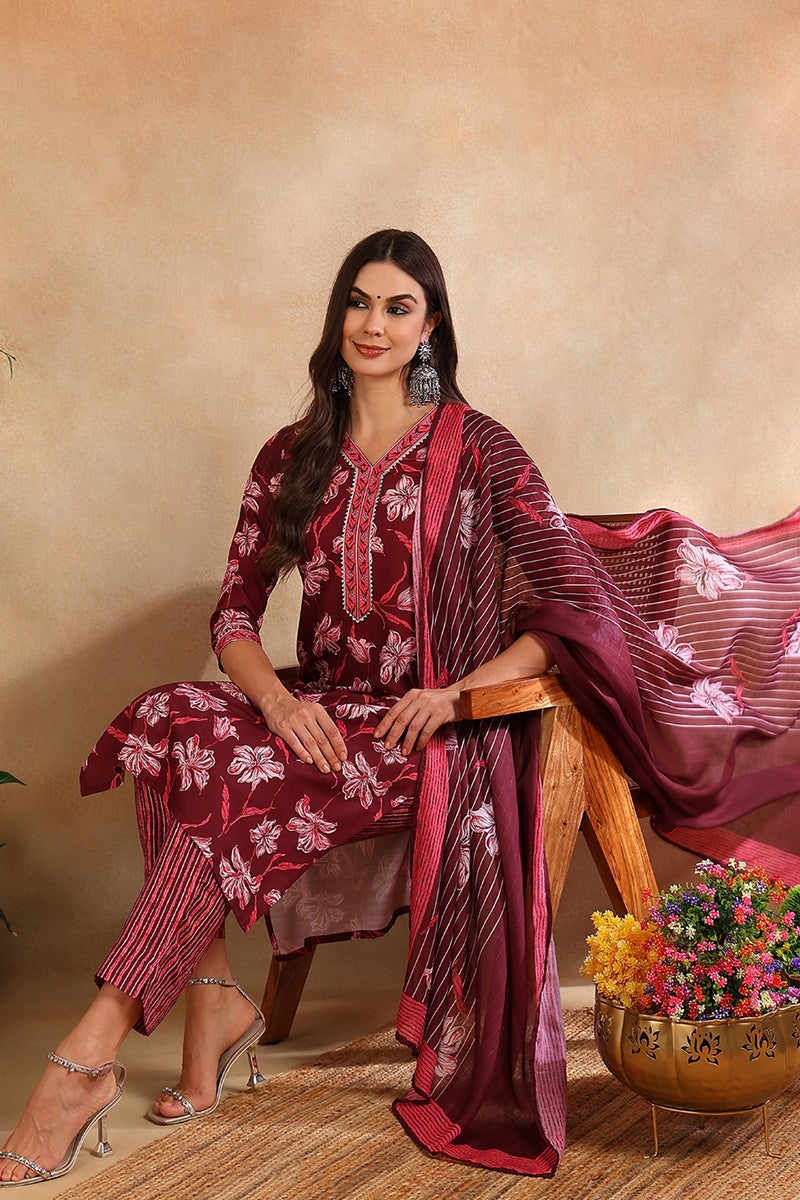 Women's Maroon Rayon Blend Floral Printed Straight Kurta Trouser With Dupatta - Ahika