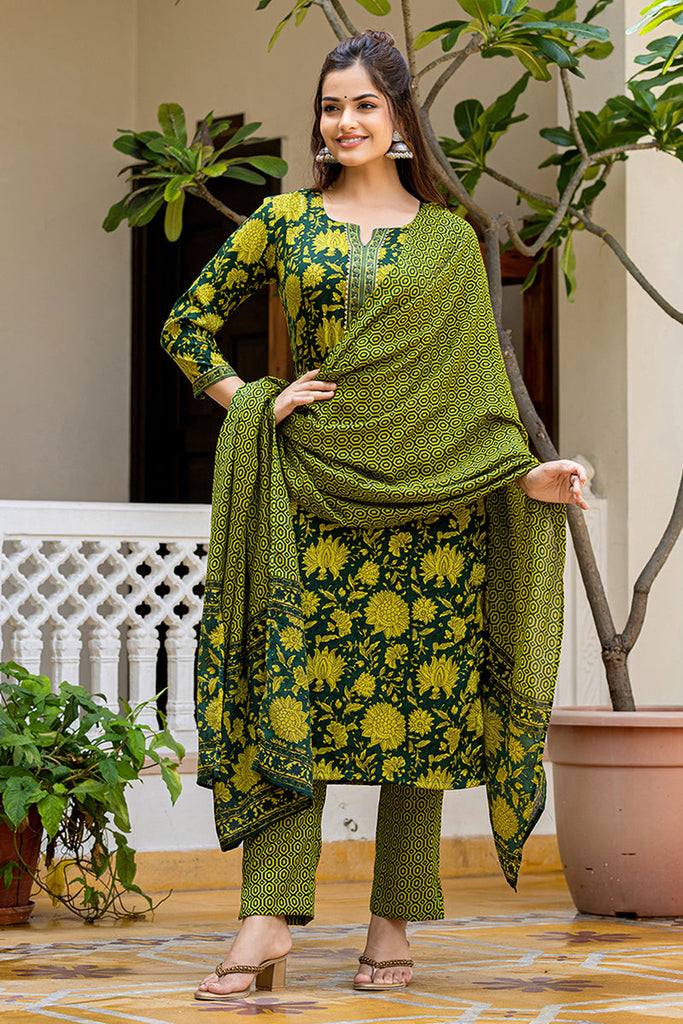 Women's Green Rayon Blend Floral Printed Straight Kurta Trouser With Dupatta