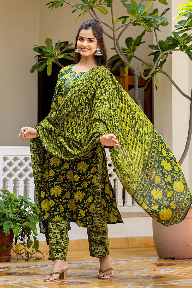 Women's Green Rayon Blend Floral Printed Straight Kurta Trouser With Dupatta - Ahika