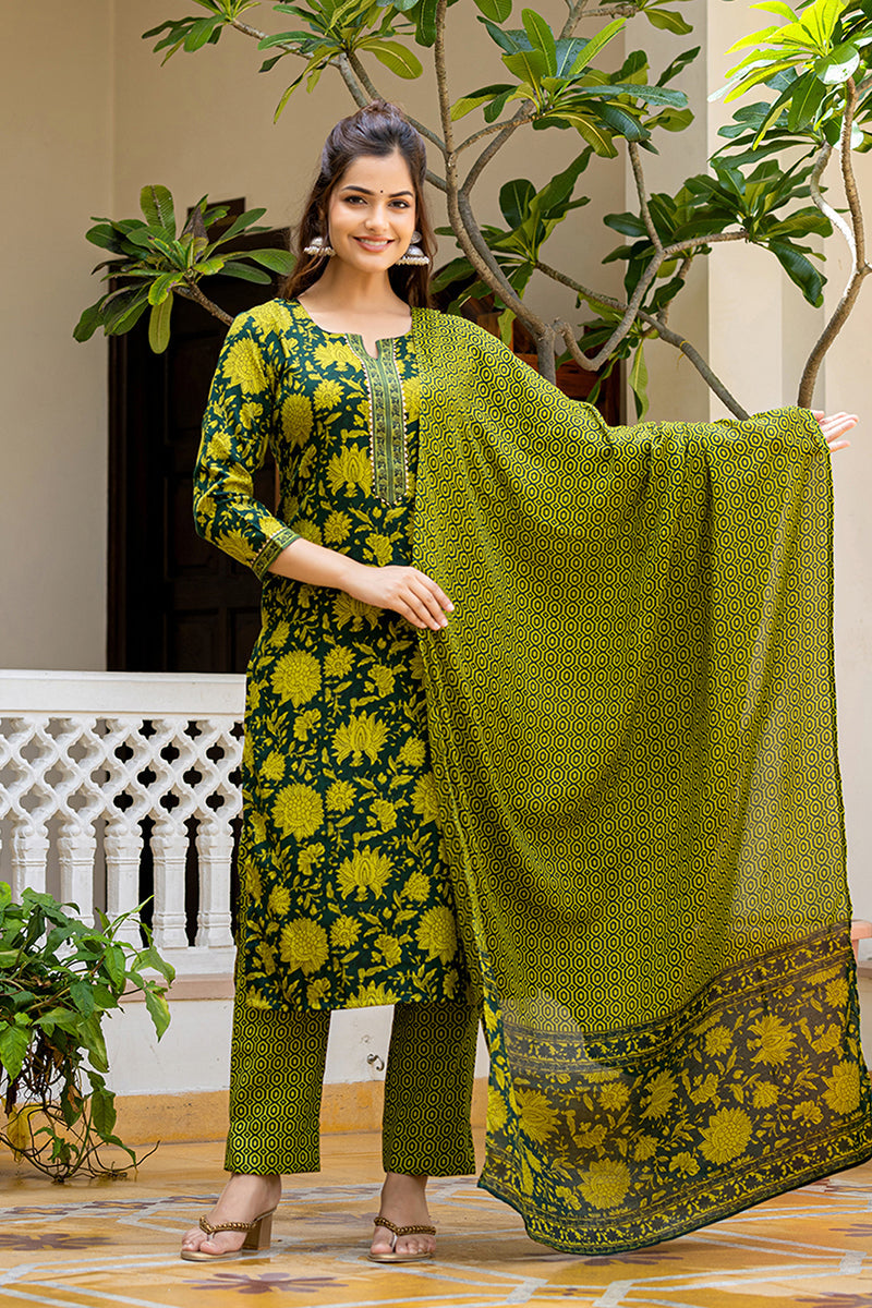 Women's Green Rayon Blend Floral Printed Straight Kurta Trouser With Dupatta - Ahika