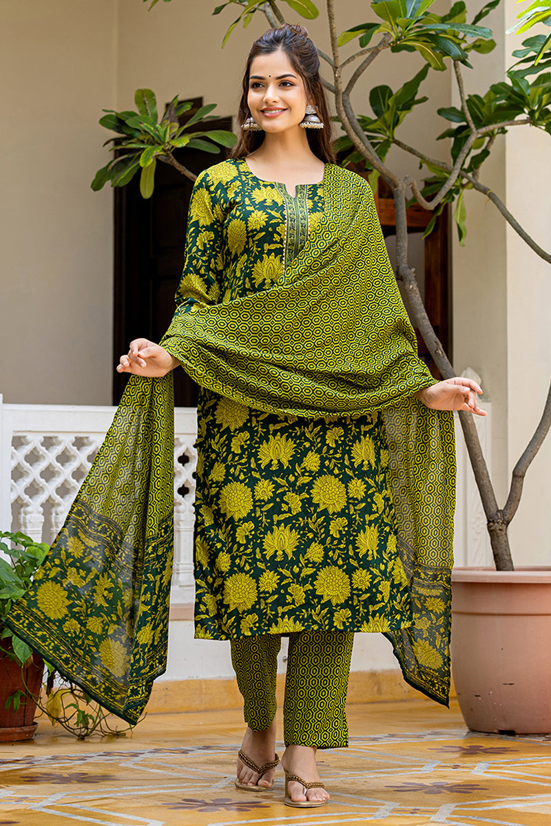 Women's Green Rayon Blend Floral Printed Straight Kurta Trouser With Dupatta - Ahika