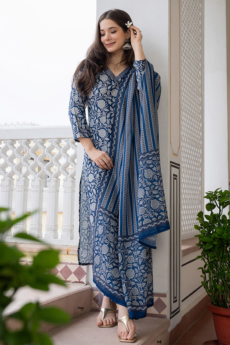 Women's Navy Blue Rayon Blend Floral Printed Straight Kurta Trouser With Dupatta - Ahika