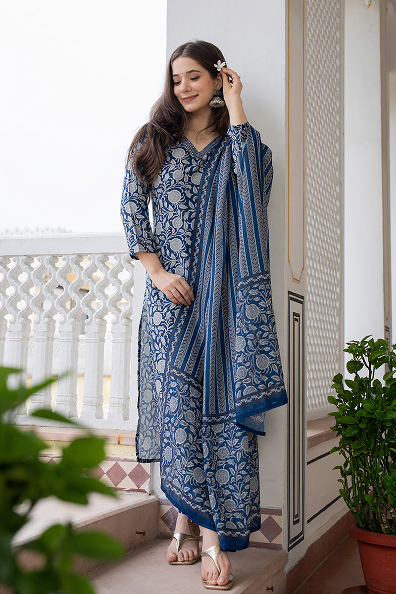 Women's Navy Blue Rayon Blend Floral Printed Straight Kurta Trouser With Dupatta - Ahika