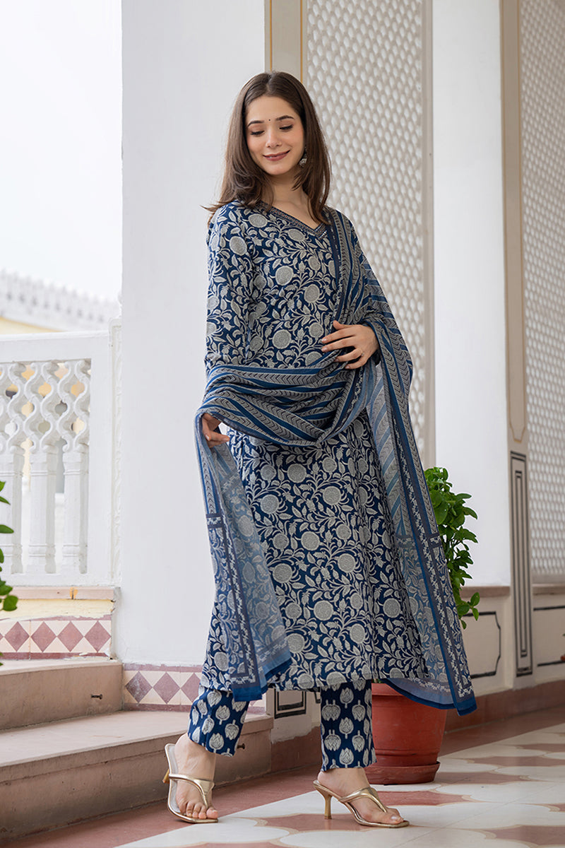 Women's Navy Blue Rayon Blend Floral Printed Straight Kurta Trouser With Dupatta - Ahika