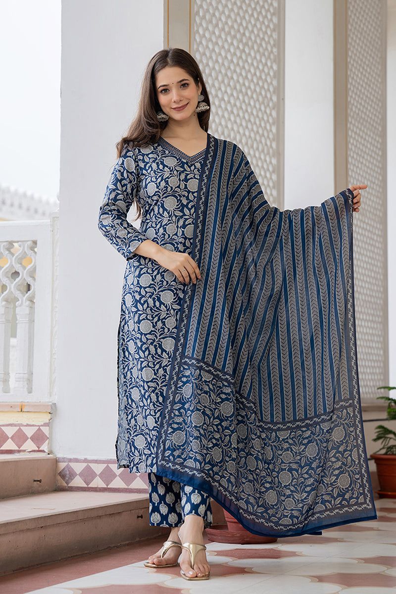 Women's Navy Blue Rayon Blend Floral Printed Straight Kurta Trouser With Dupatta - Ahika