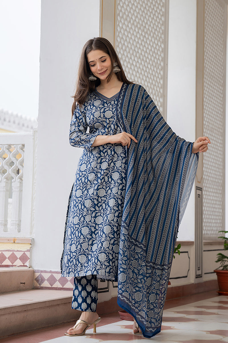 Women's Navy Blue Rayon Blend Floral Printed Straight Kurta Trouser With Dupatta - Ahika