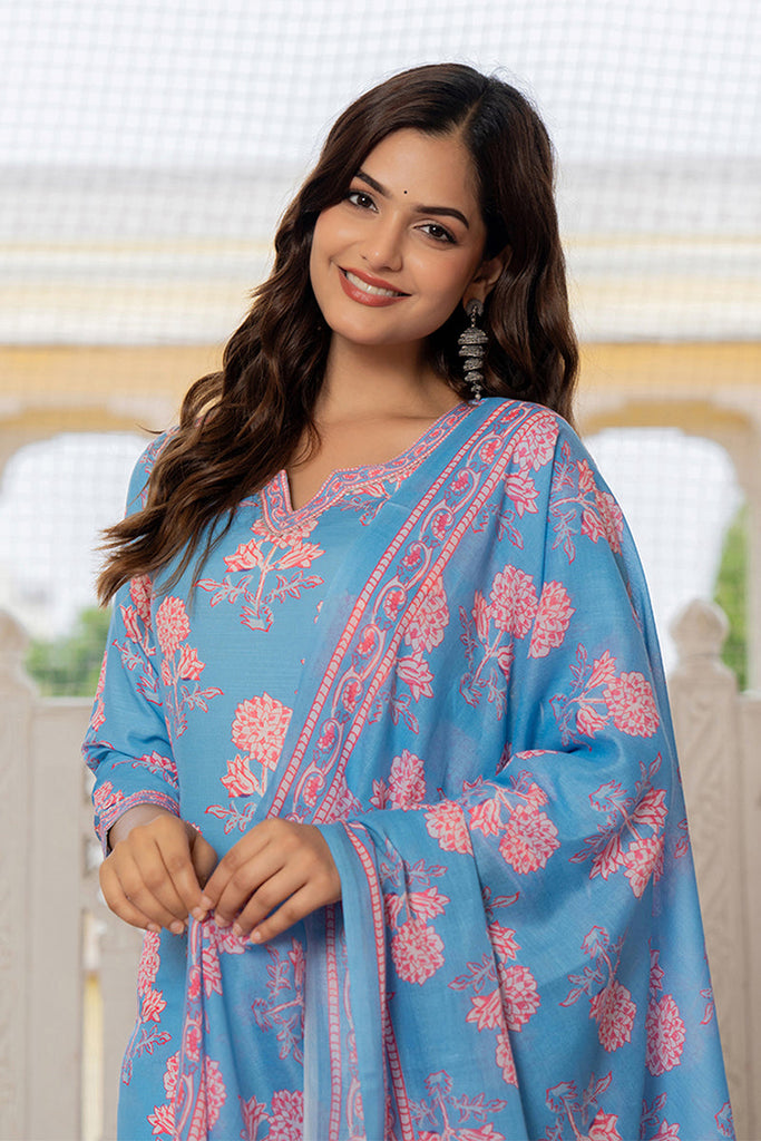 Women's Blue Rayon Blend Floral Printed Straight Kurta Trouser With Dupatta