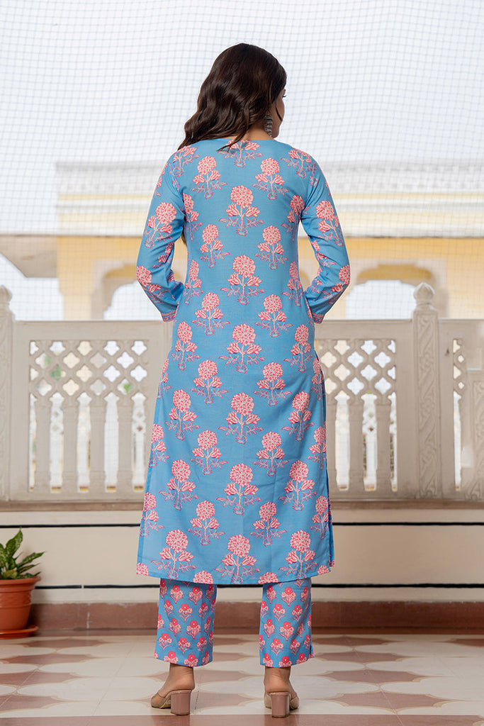 Women's Blue Rayon Blend Floral Printed Straight Kurta Trouser With Dupatta