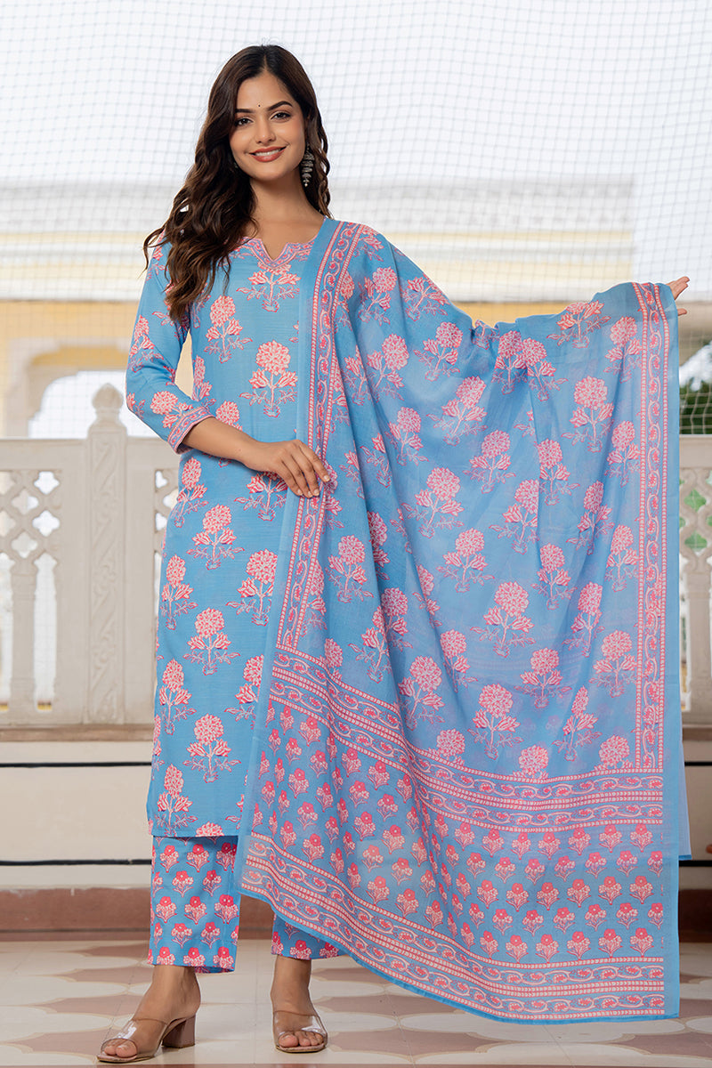 Women's Blue Rayon Blend Floral Printed Straight Kurta Trouser With Dupatta - Ahika