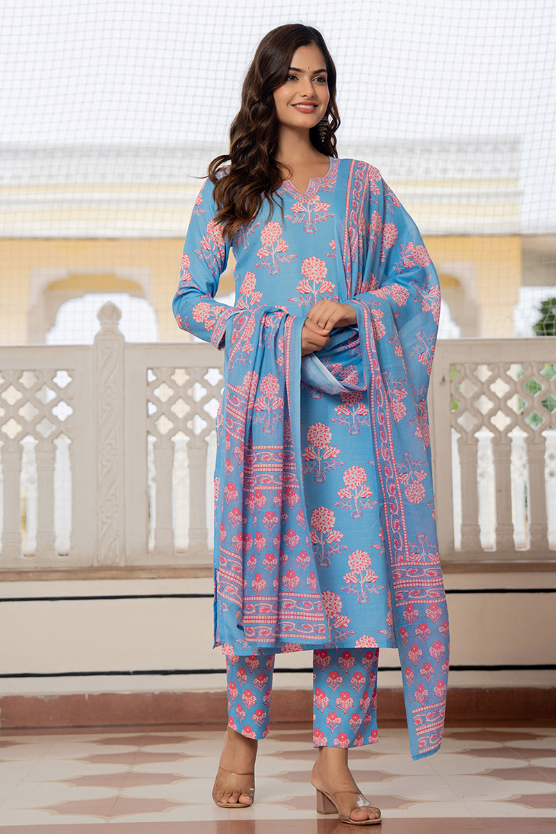 Women's Blue Rayon Blend Floral Printed Straight Kurta Trouser With Dupatta - Ahika