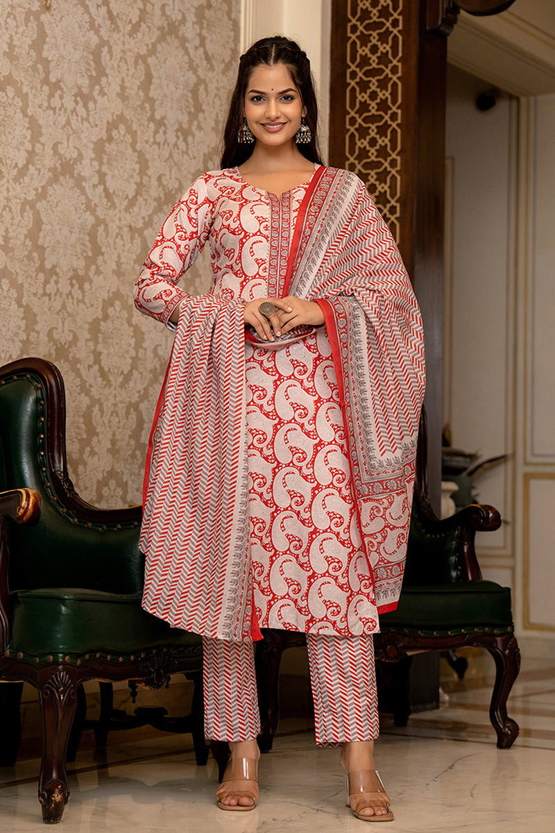 Women's Red Rayon Blend Paisley Printed Straight Kurta Trouser With Dupatta - Ahika