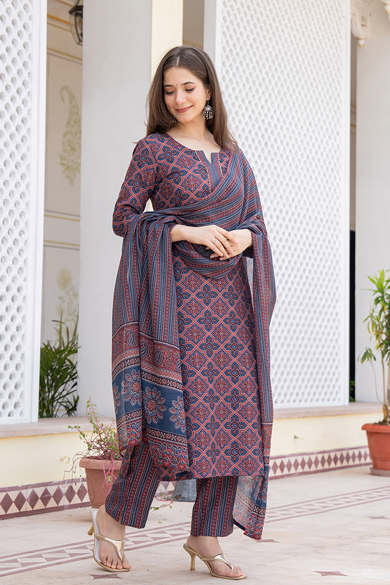 Women's Maroon Rayon Blend Ajrakh Printed Straight Kurta Trouser With Dupatta - Ahika